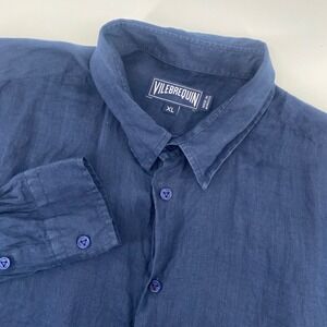 Vilebrequin Button Down Shirt Mens XL Navy Blue Ramie Long Sleeve Turtle Logo